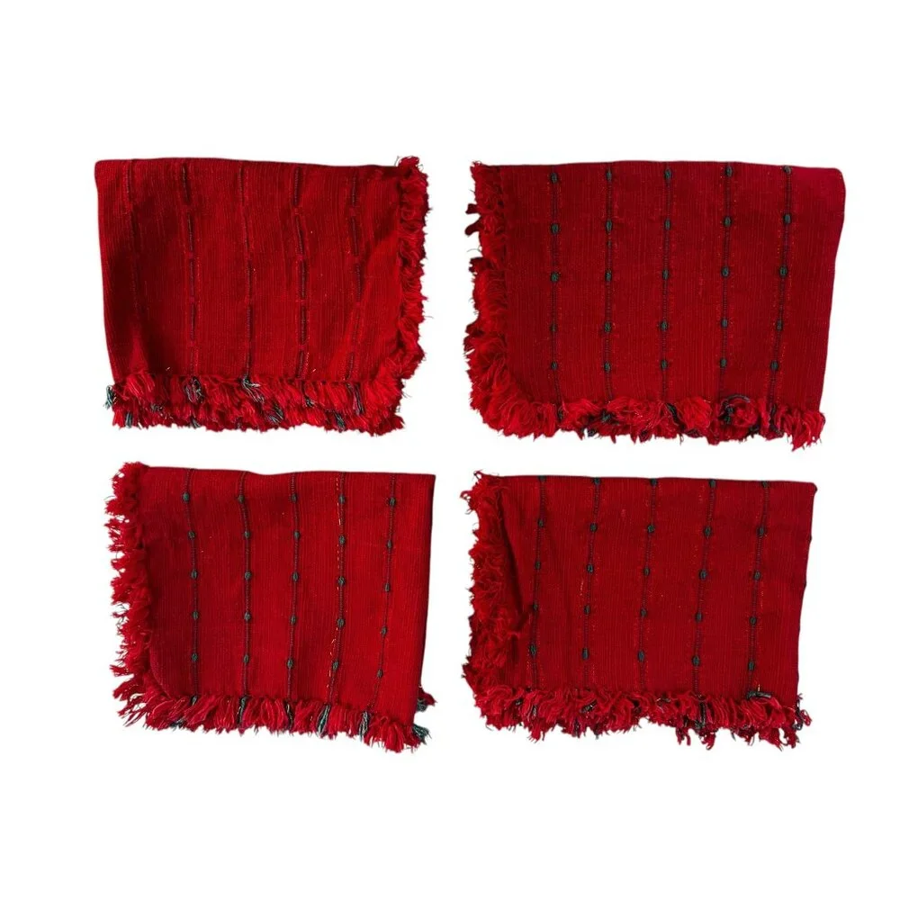 Set Of 4 Handmade Woven Red Placemats & Napkins Fringe Edges & Green Accent